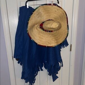 Mexican Halloween costume- Colorful Straw Hat with Blue Fringe Shawl
